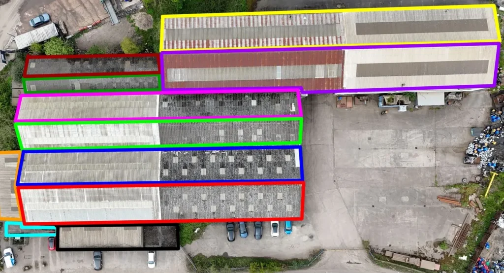 Commercial unit roofs outlined into colour-coded sections for a condition survey