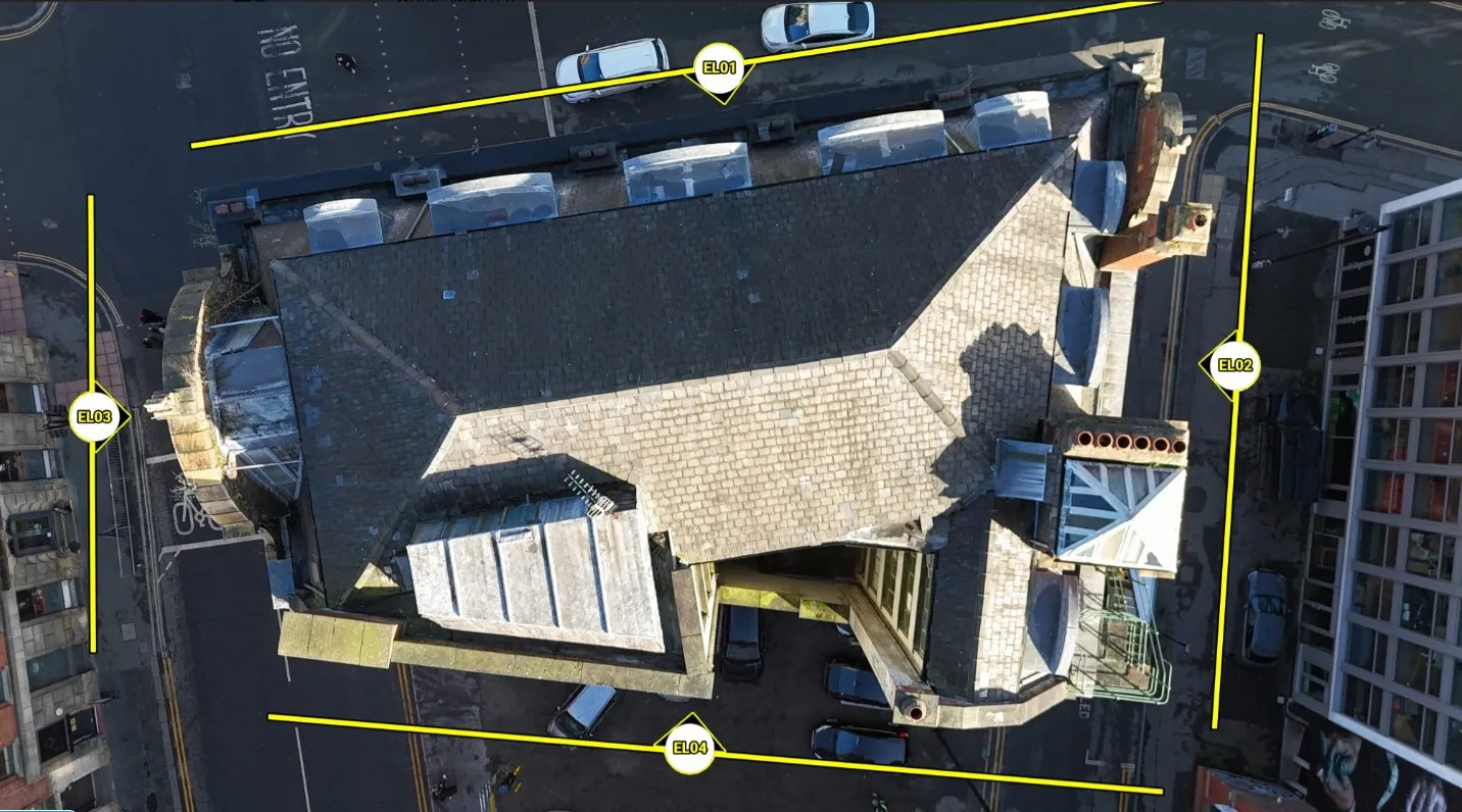 Aerial view of the building with four façade elevations marked EL01 to EL04