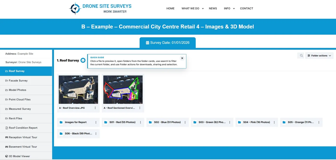 Secure online portal showing the roof survey folder and a menu of datasets