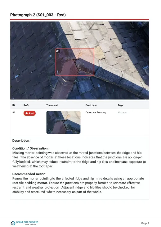 Report page showing an annotated defect photograph with a red RAG rating