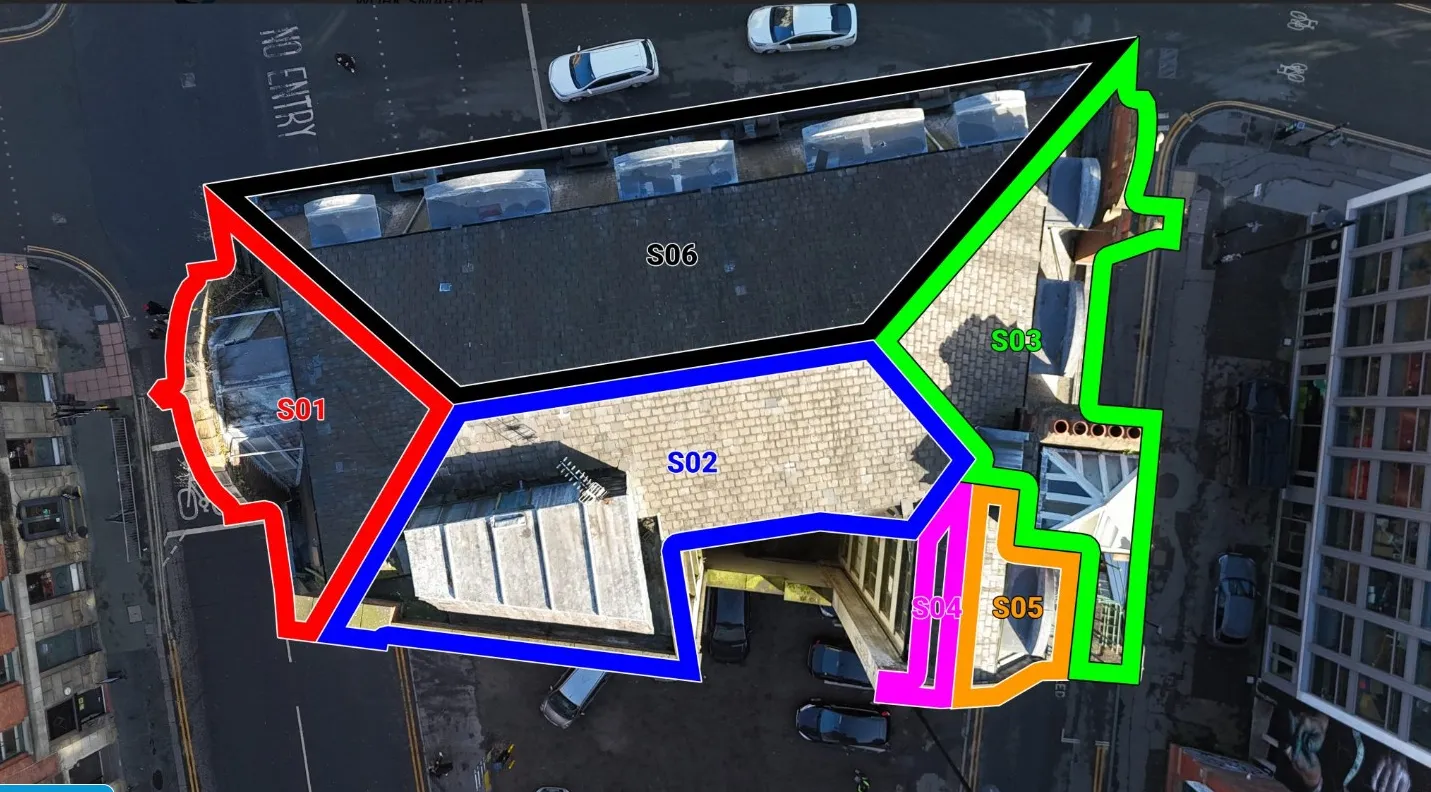 Aerial view of the roof divided into six colour-coded sections, S01 to S06