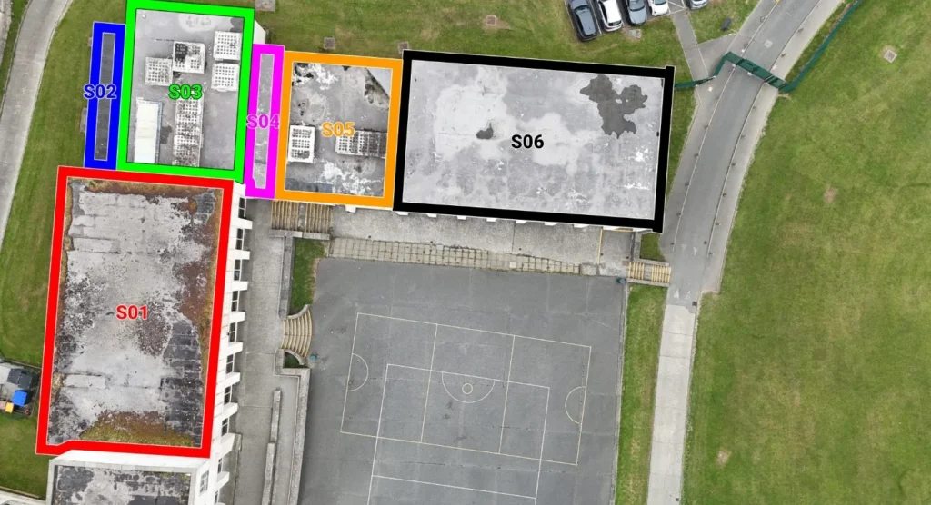 School roof divided into colour-coded survey sections S01 to S06
