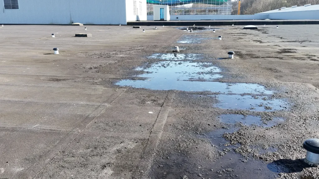 Ponding water on a commercial flat roof seen from a drone