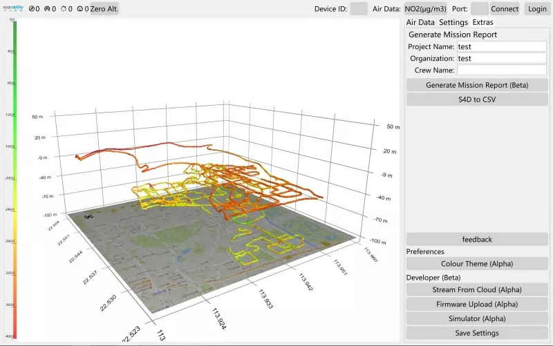 3D flight path of gas readings plotted over a map in the Sniffer4D mission software