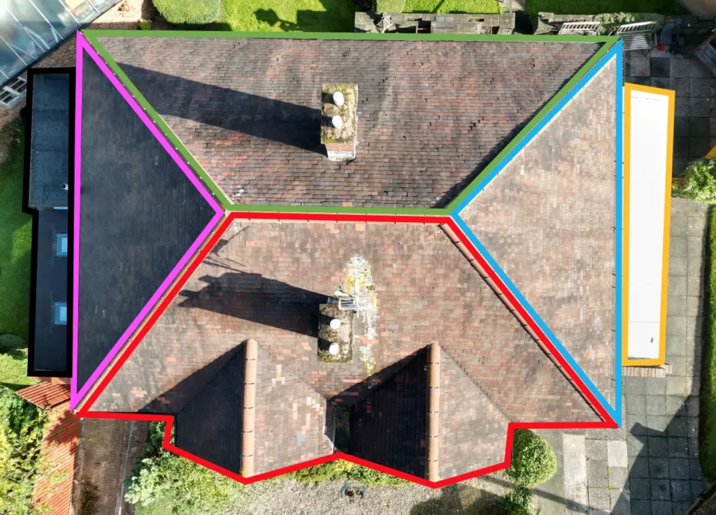 Overhead drone view of a pitched house roof outlined into survey sections