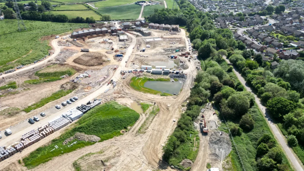 Aerial progress photo of a residential construction site