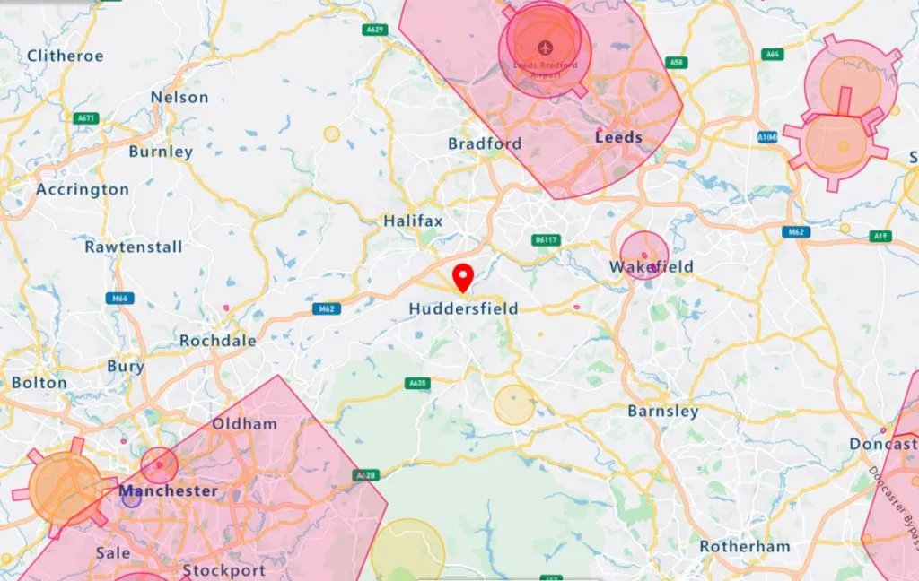 Huddersfield drone airspace map