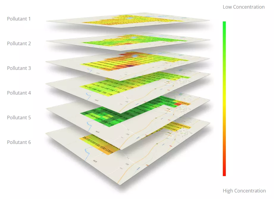 Layered concentration maps showing low to high readings for six airborne pollutants