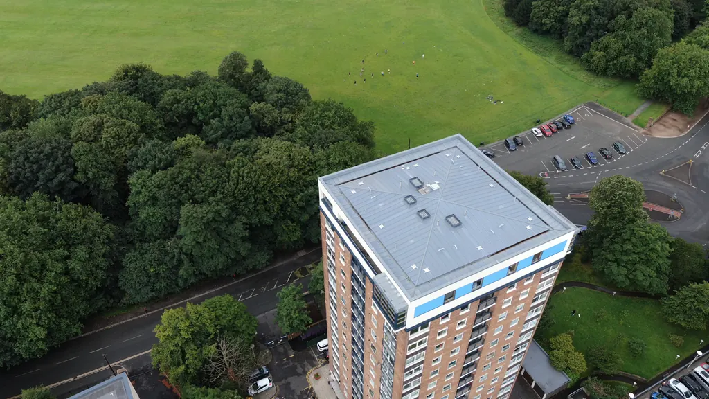 Drone inspection in Milton Keynes: tower block beside open parkland