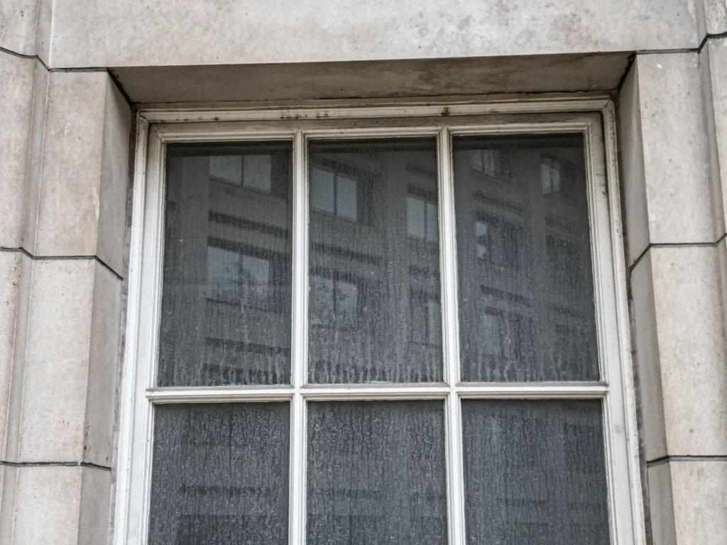 Sash window with stone surround and weathered paint