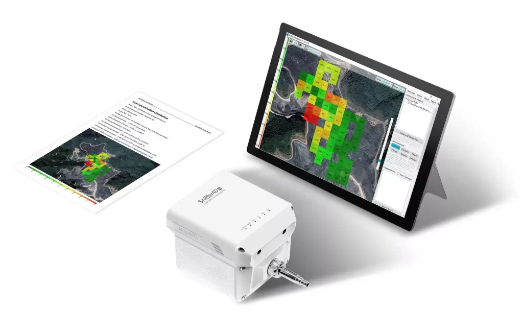 Sniffer4D gas sensor with a pollutant concentration map on a tablet and a printed survey report
