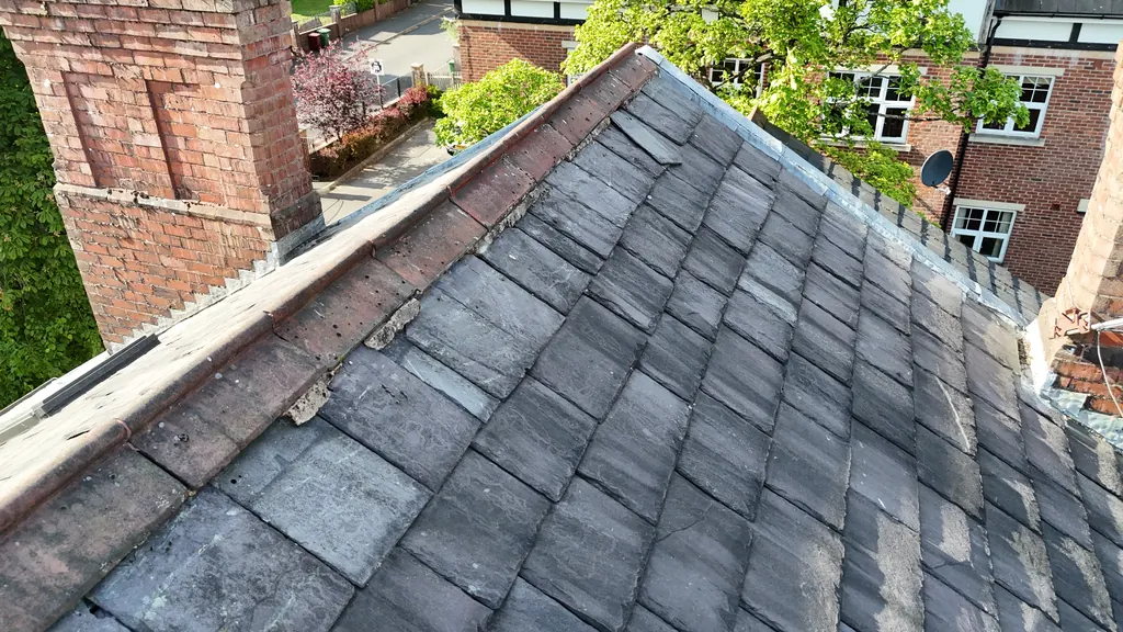 Drone roof survey in Swansea: slate roof and brick chimney