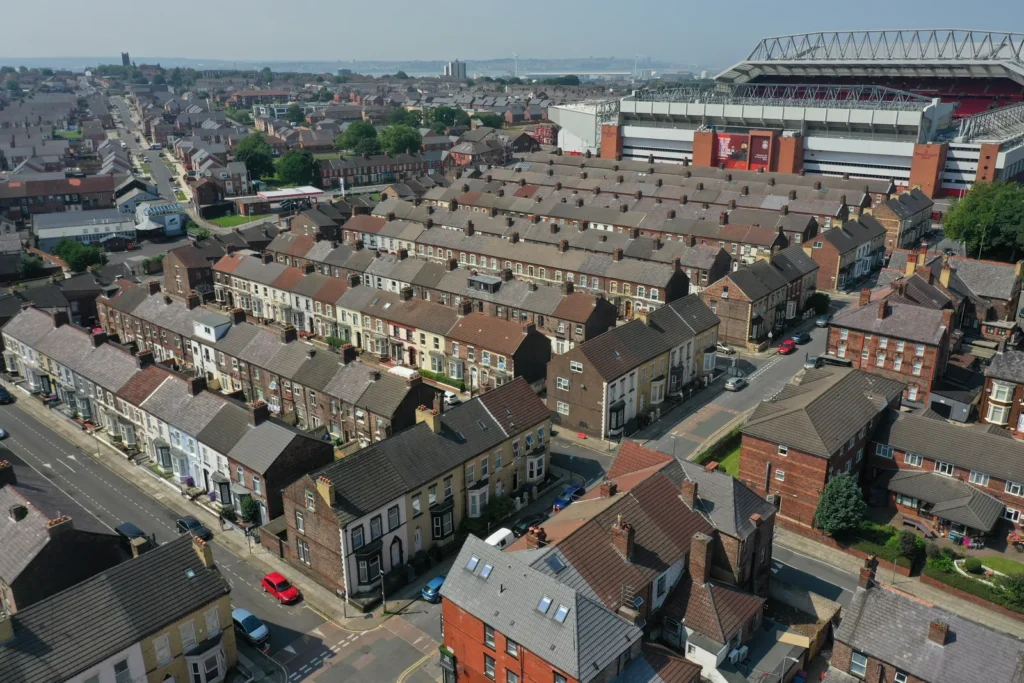 Aerial view of terraced streets and back alleys