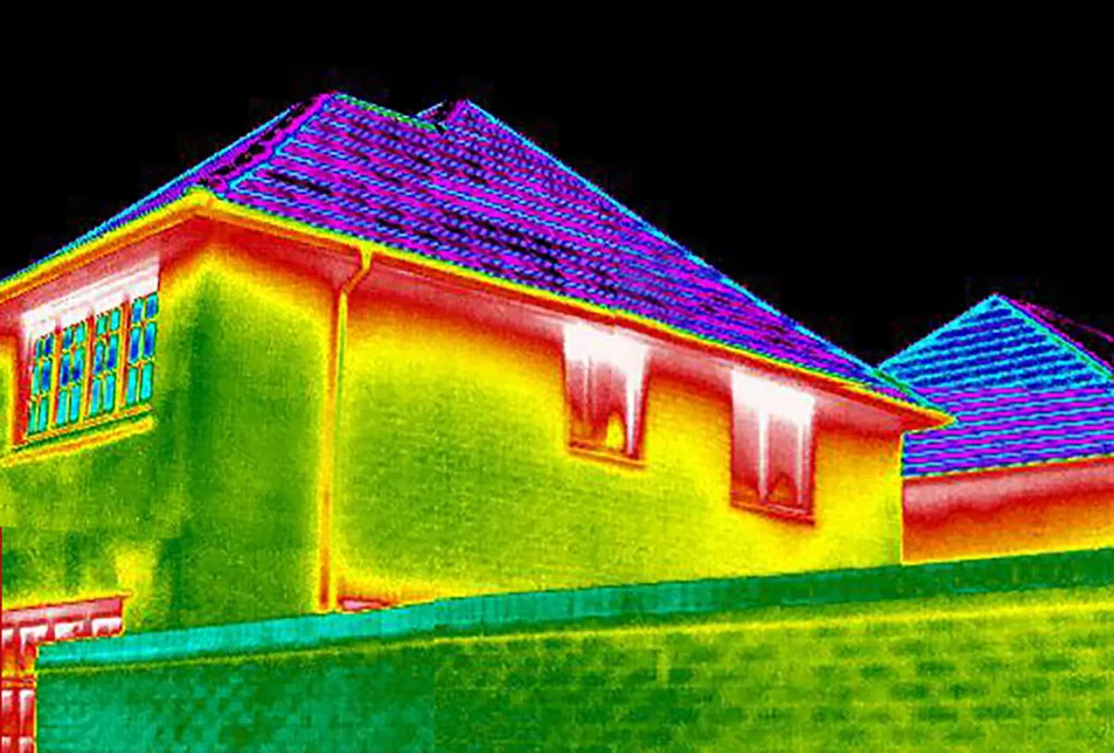 Thermal image of a house showing heat loss through walls and roof
